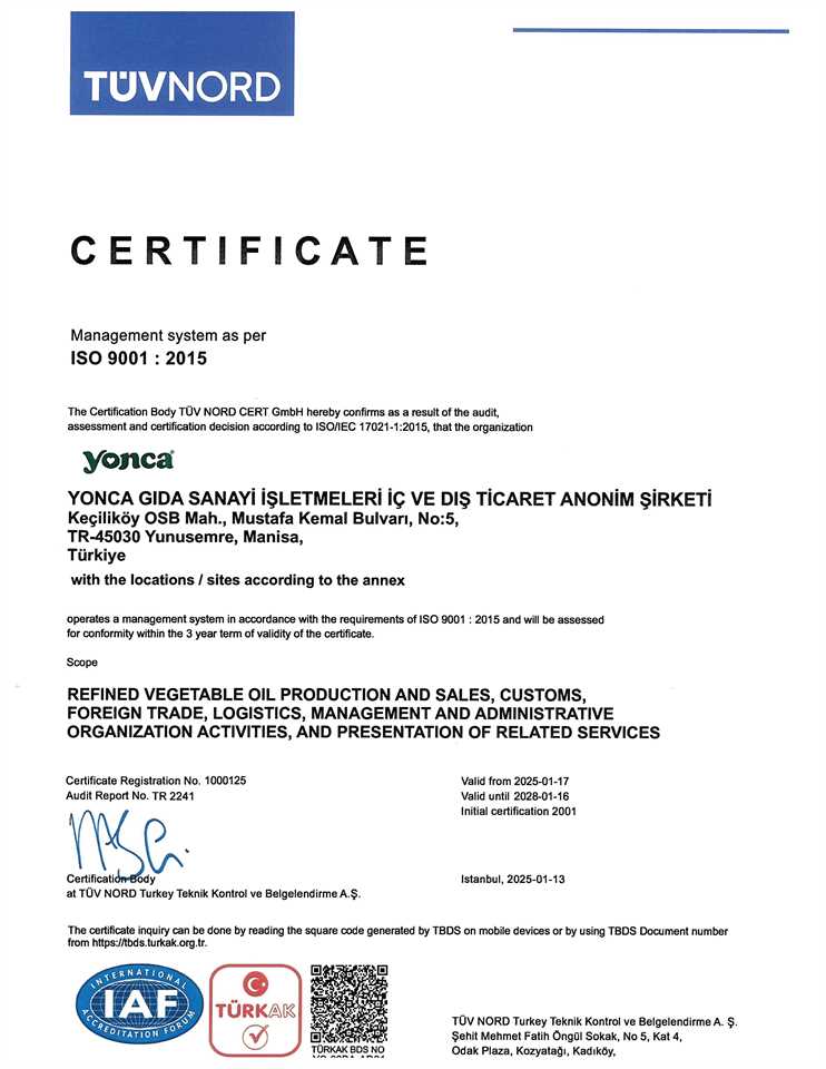 YONCA GIDA ISO 9001 TÜRKAK-01